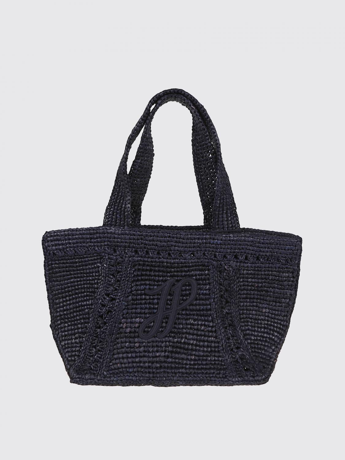PATOU BORSA A SPALLA: Borsa Patou in rafia crochet con logo ricamato , Blue Navy - Img 1