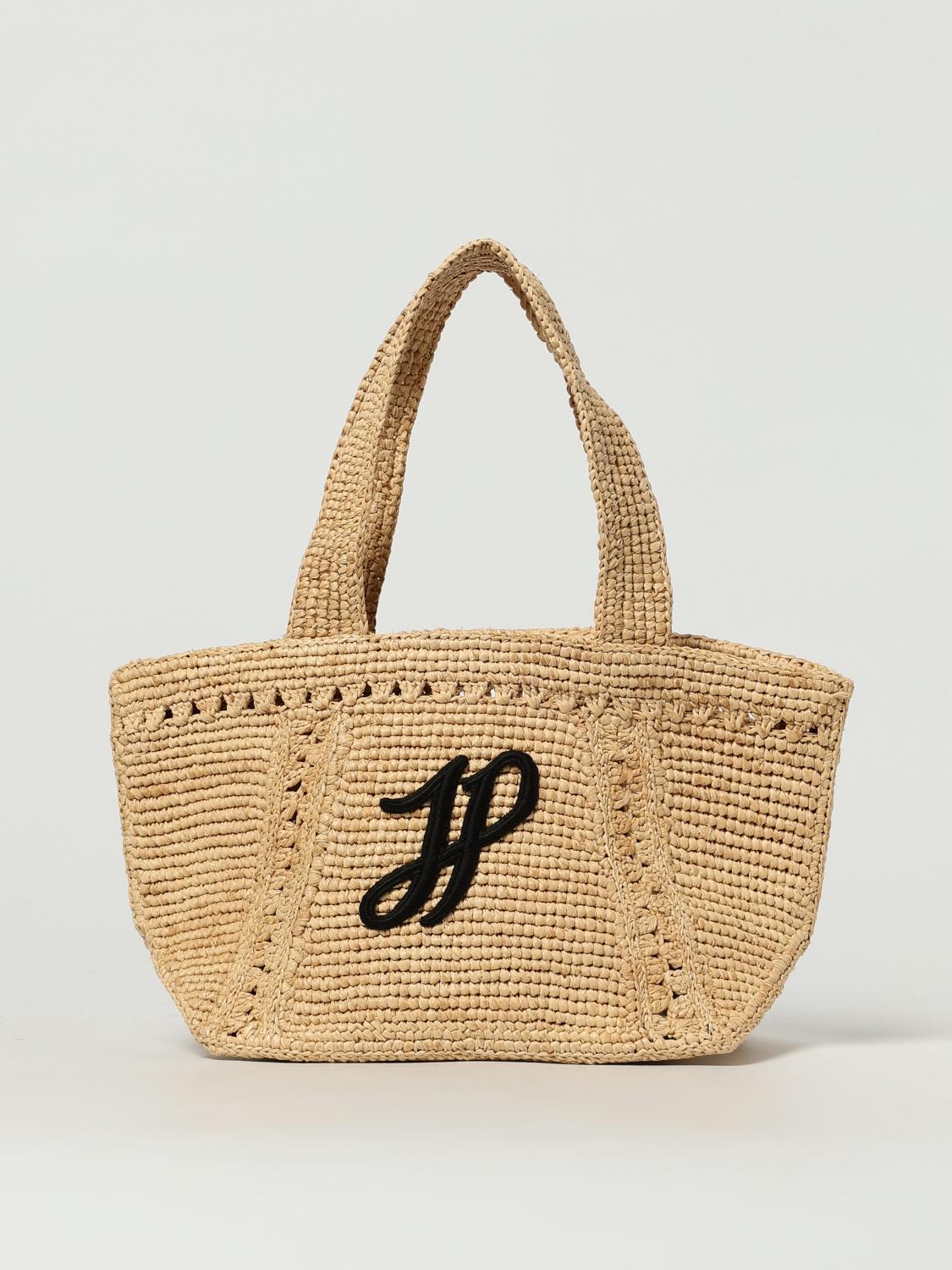 PATOU BORSA A SPALLA: Borsa Patou in rafia crochet con logo ricamato , Crema - Img 1