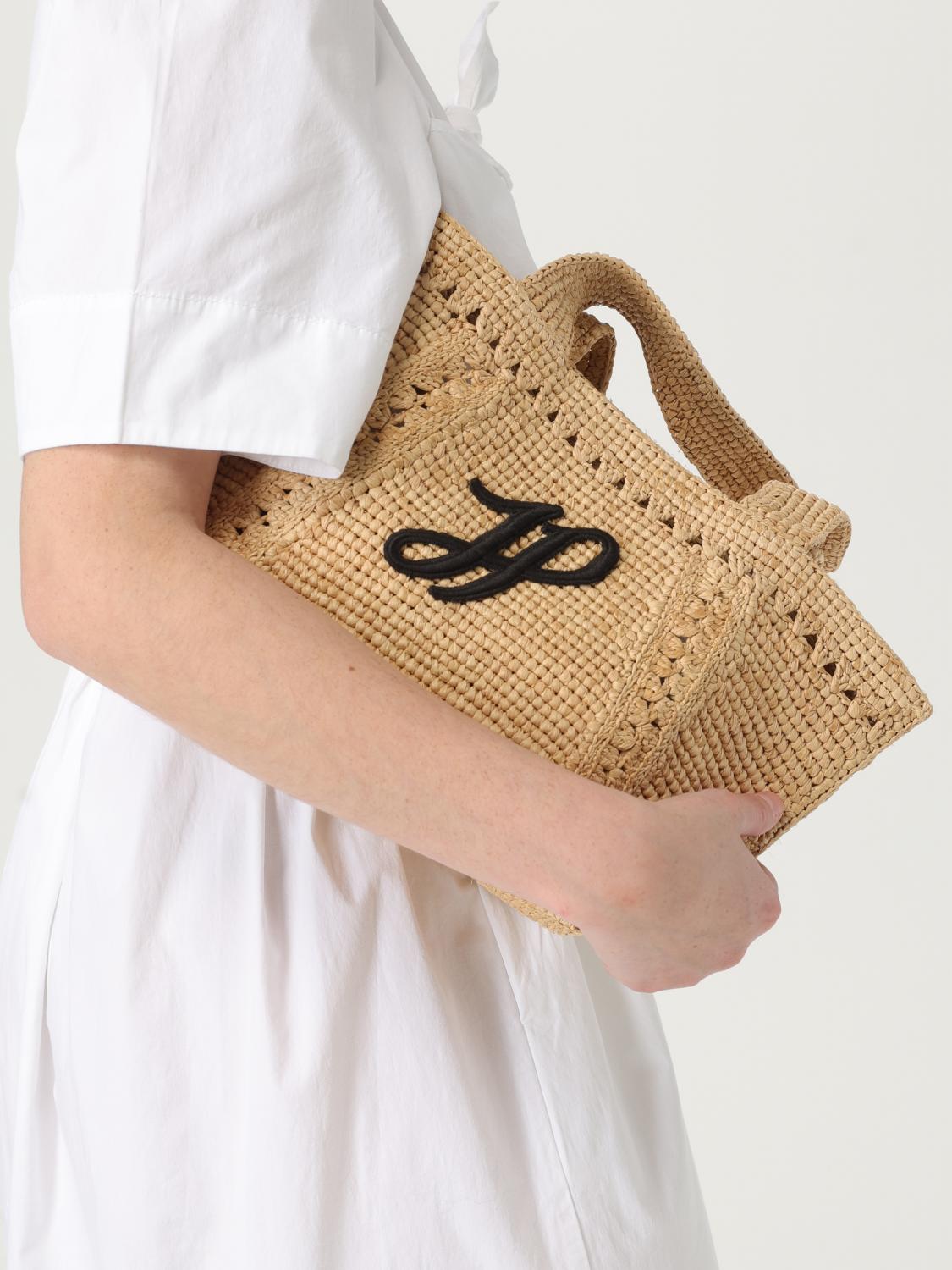PATOU BORSA A SPALLA: Borsa Patou in rafia crochet con logo ricamato , Crema - Img 2