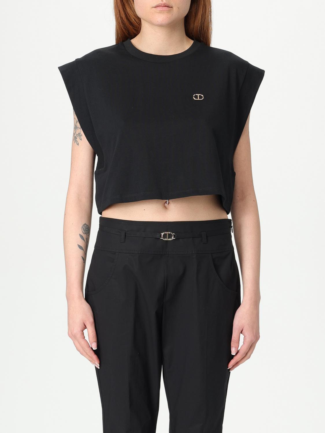 TWINSET T-SHIRTS: T-shirt cropped Twinset in cotone , Nero - Img 1
