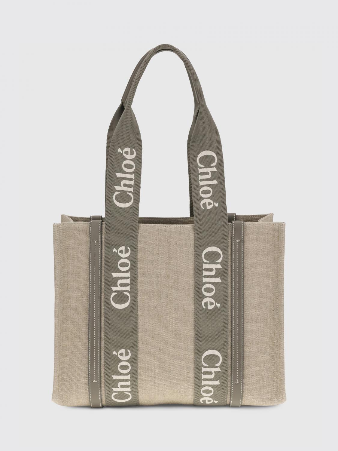 CHLOÉ BORSA TOTE: Borsa Woody Chloé in canvas di lino , Grigio - Img 1