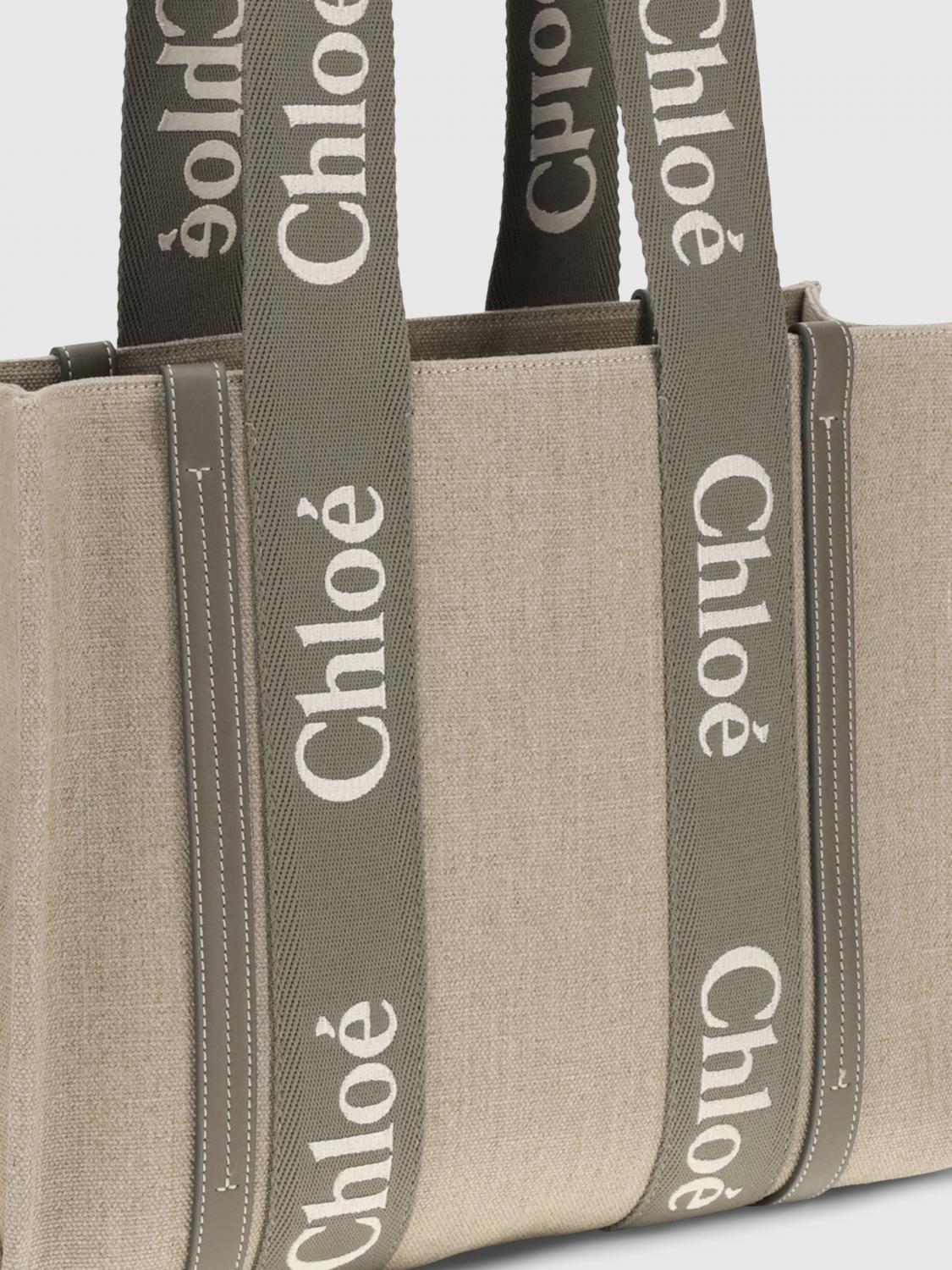 CHLOÉ BORSA TOTE: Borsa Woody Chloé in canvas di lino , Grigio - Img 3
