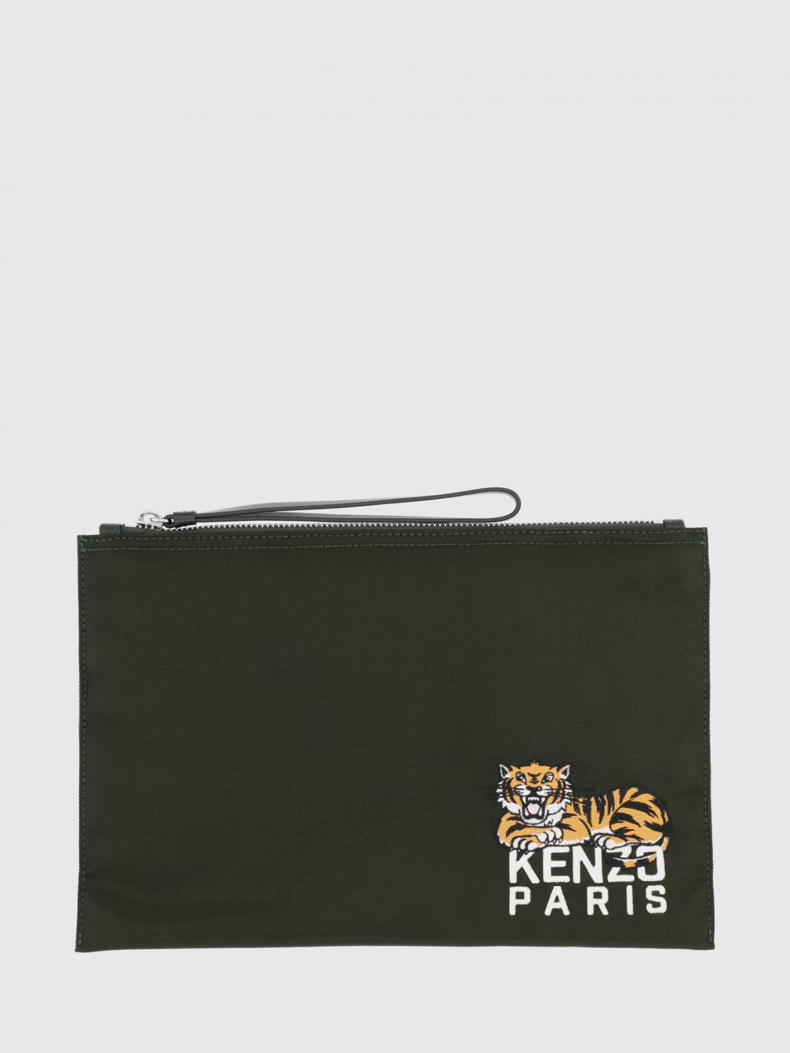 KENZO PORTADOCUMENTI: Clutch Kenzo in canvas con logo ricamato, Kaki - Img 1
