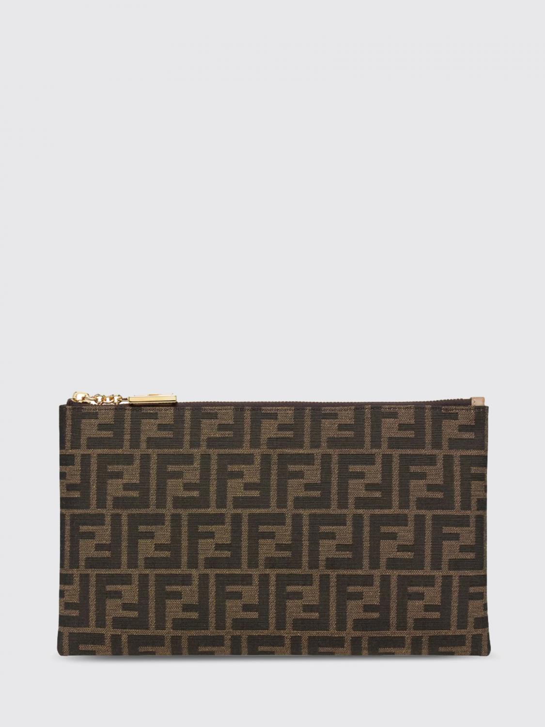 FENDI CLUTCH: Pouch medium Baguette Fendi in tessuto con monogram FF jacquard, Marrone - Img 1