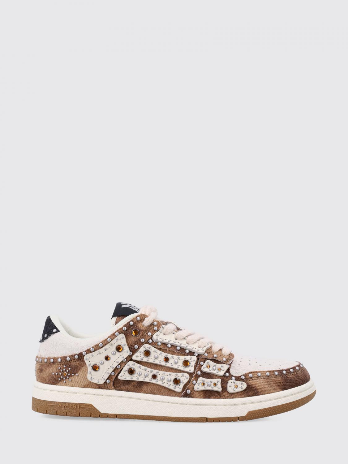 AMIRI BASKETS: Baskets Pacific Bones Amiri en denim et cuir avec strass et clous, Marron - Img 1