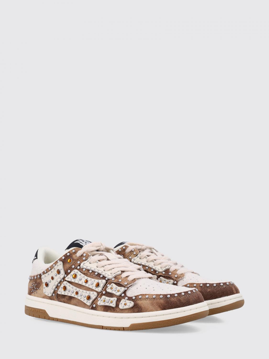 AMIRI BASKETS: Baskets Pacific Bones Amiri en denim et cuir avec strass et clous, Marron - Img 2
