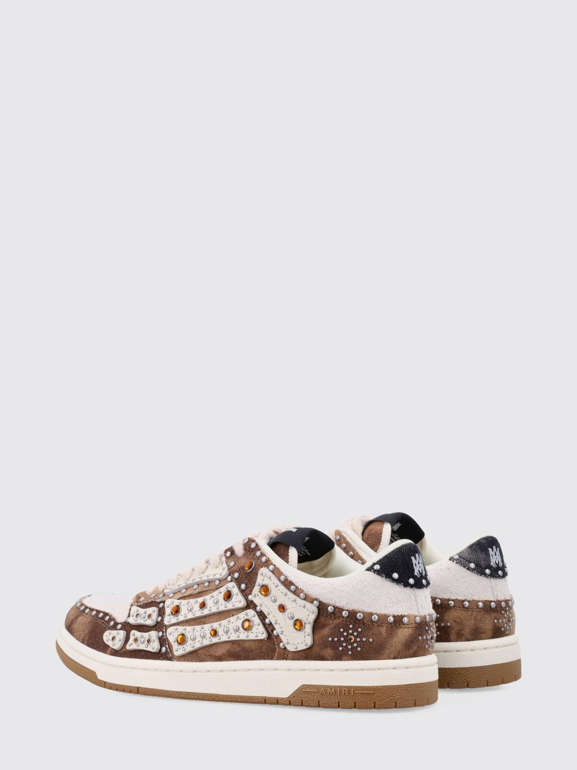 AMIRI BASKETS: Baskets Pacific Bones Amiri en denim et cuir avec strass et clous, Marron - Img 3