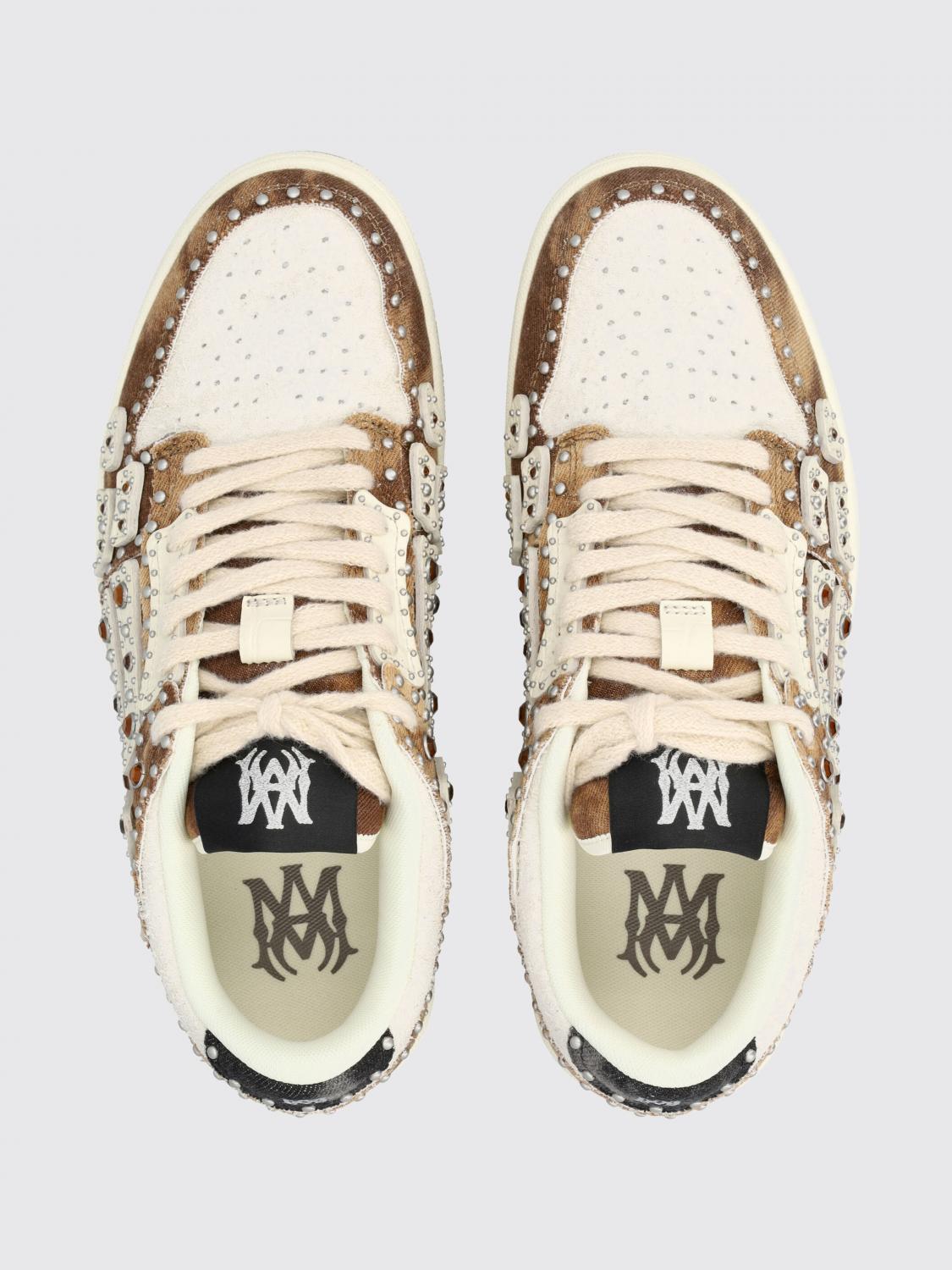 AMIRI BASKETS: Baskets Pacific Bones Amiri en denim et cuir avec strass et clous, Marron - Img 4