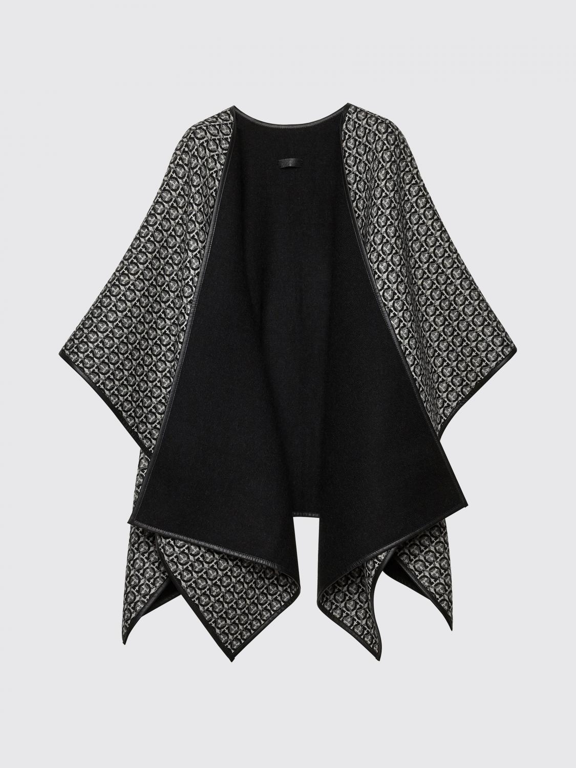 FERRAGAMO CAPPOTTO: Mantella Gancini Ferragamo double face in lana con monogram jacquard , Nero - Img 2
