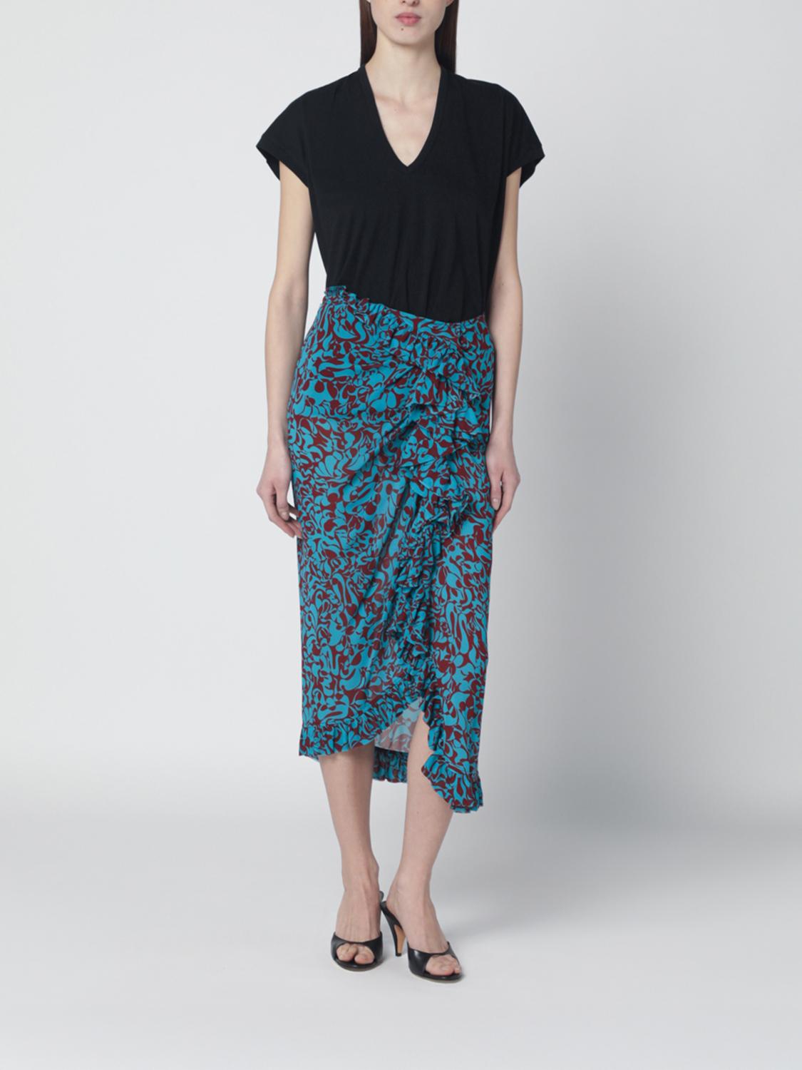 DRIES VAN NOTEN GONNA: Gonna midi Dries Van Noten in cotone con stampa floreale , Turchese - Img 2