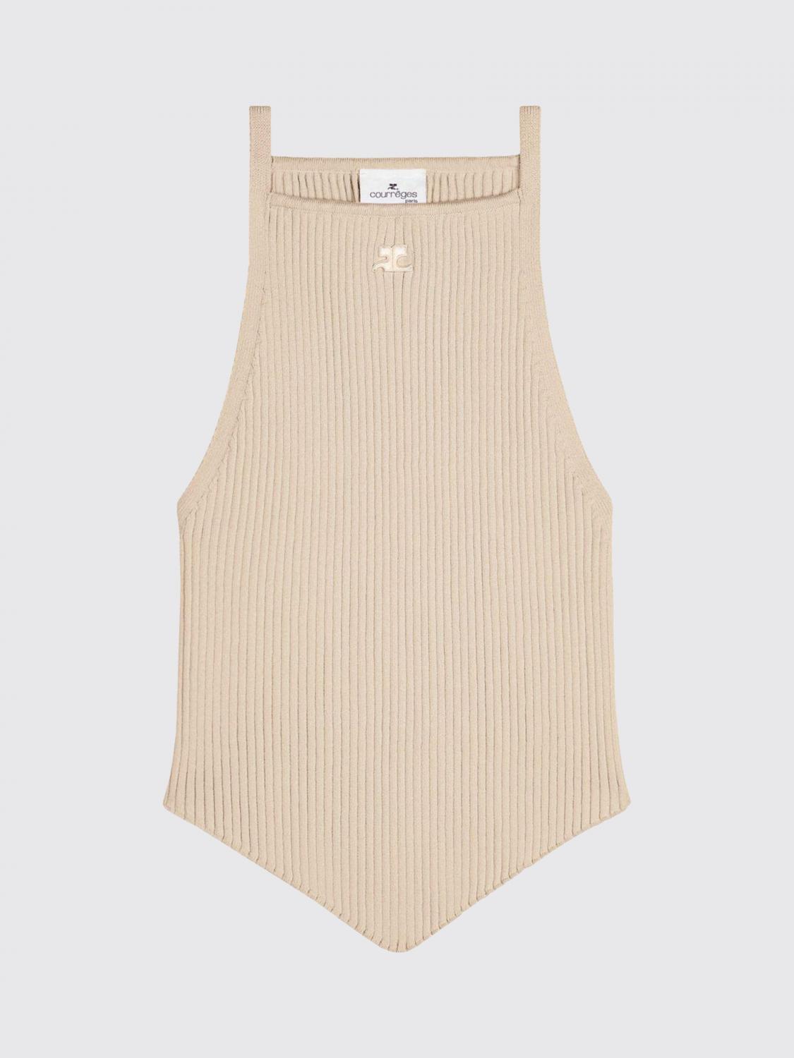 COURRÈGES TOP: Top in misto viscosa con logo CourrÈges, Beige - Img 3