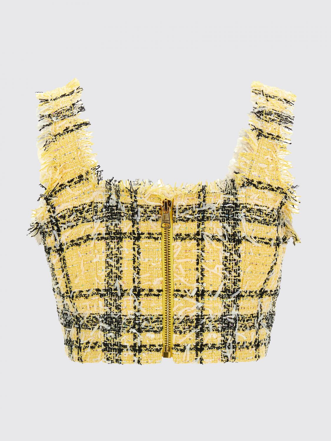 BALMAIN TOP: Top In Glitter Plaid Tweed Balmain, Giallo - Img 2