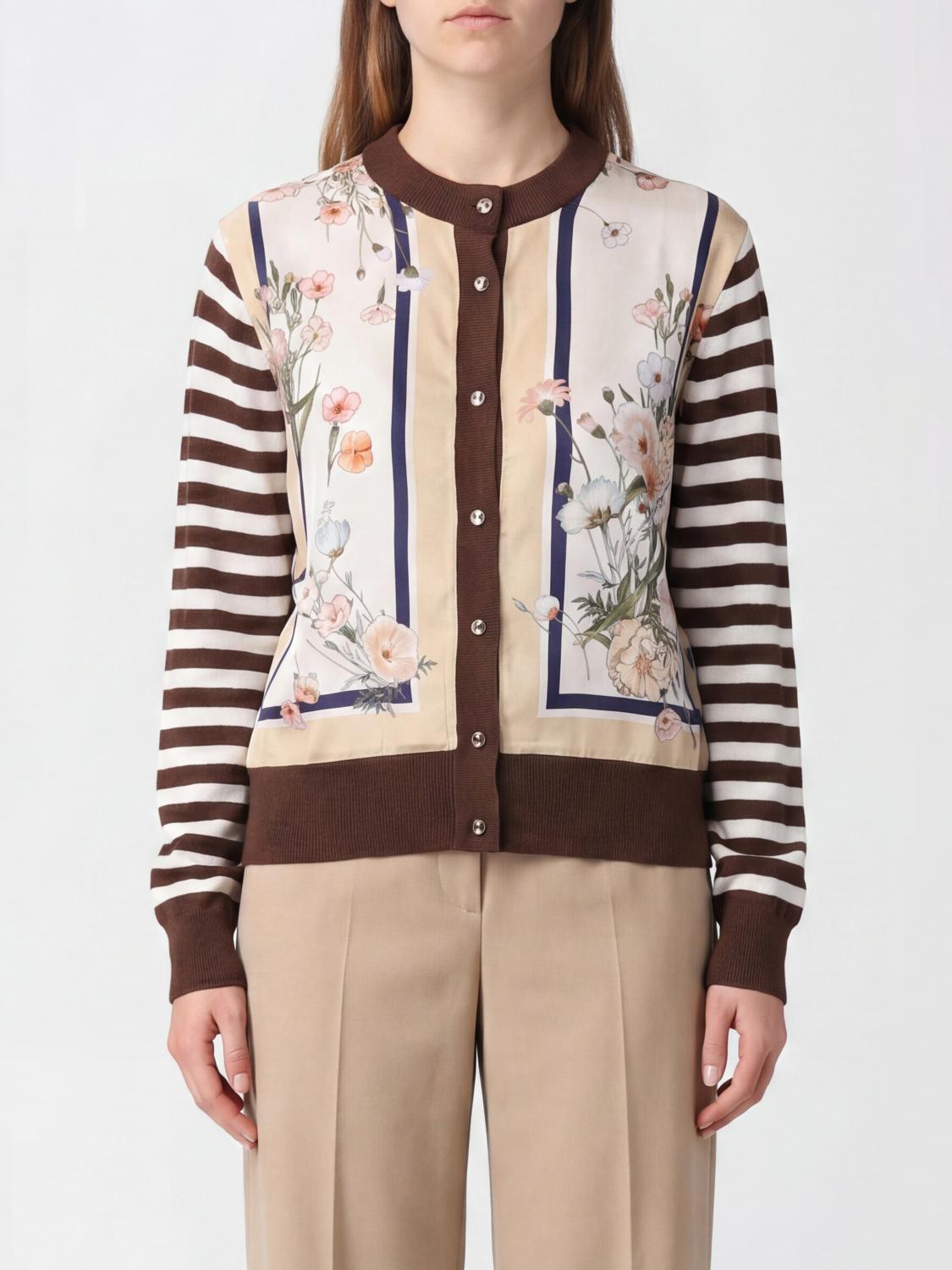 LIU JO MAGLIA: Cardigan in viscosa a righe con stampa floreale Liu Jo, Marrone - Img 1