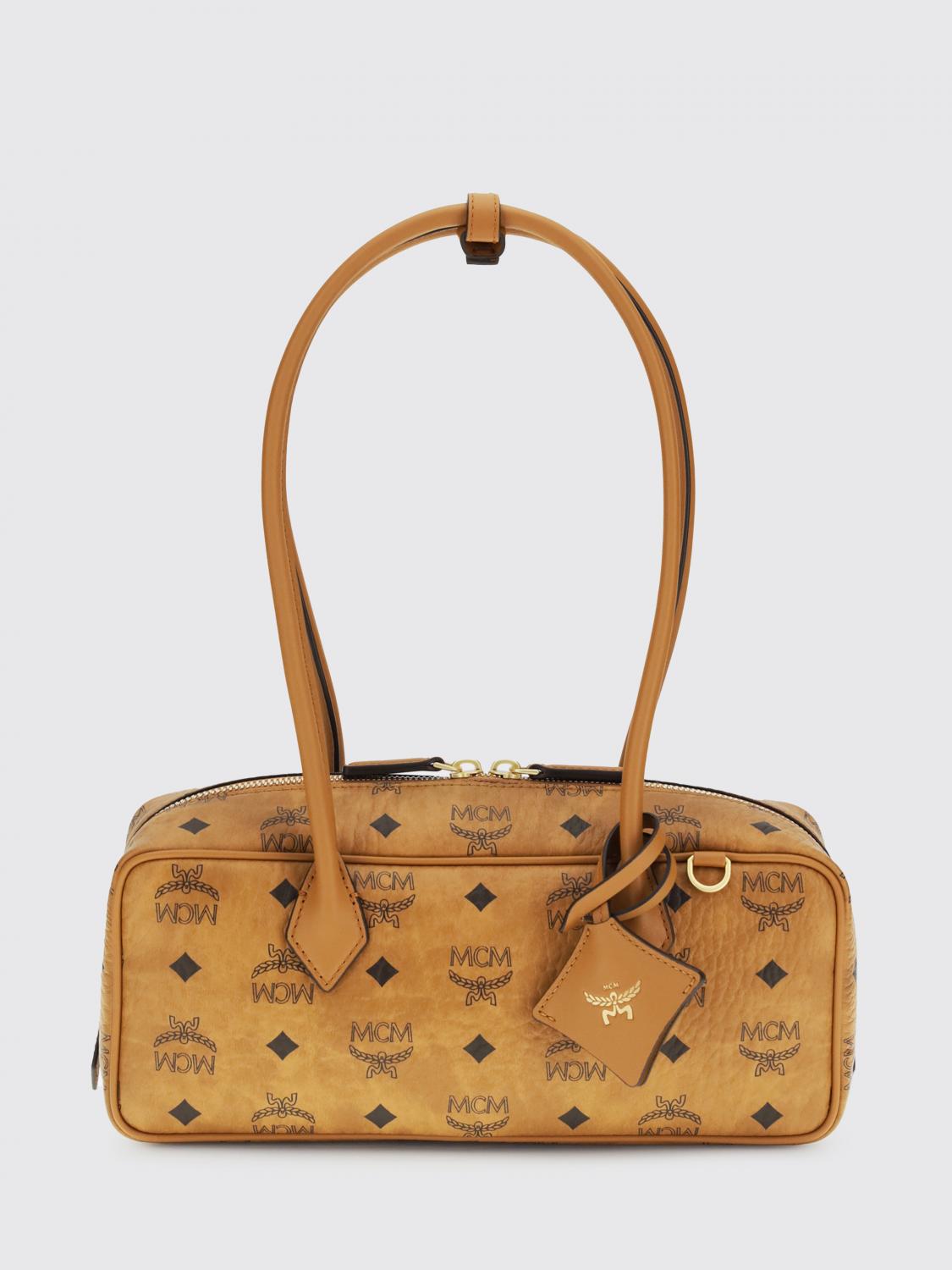 MCM BORSA A SPALLA: Borsa Aren MCM in cotone spalmato con logo stampato , Marrone - Img 1