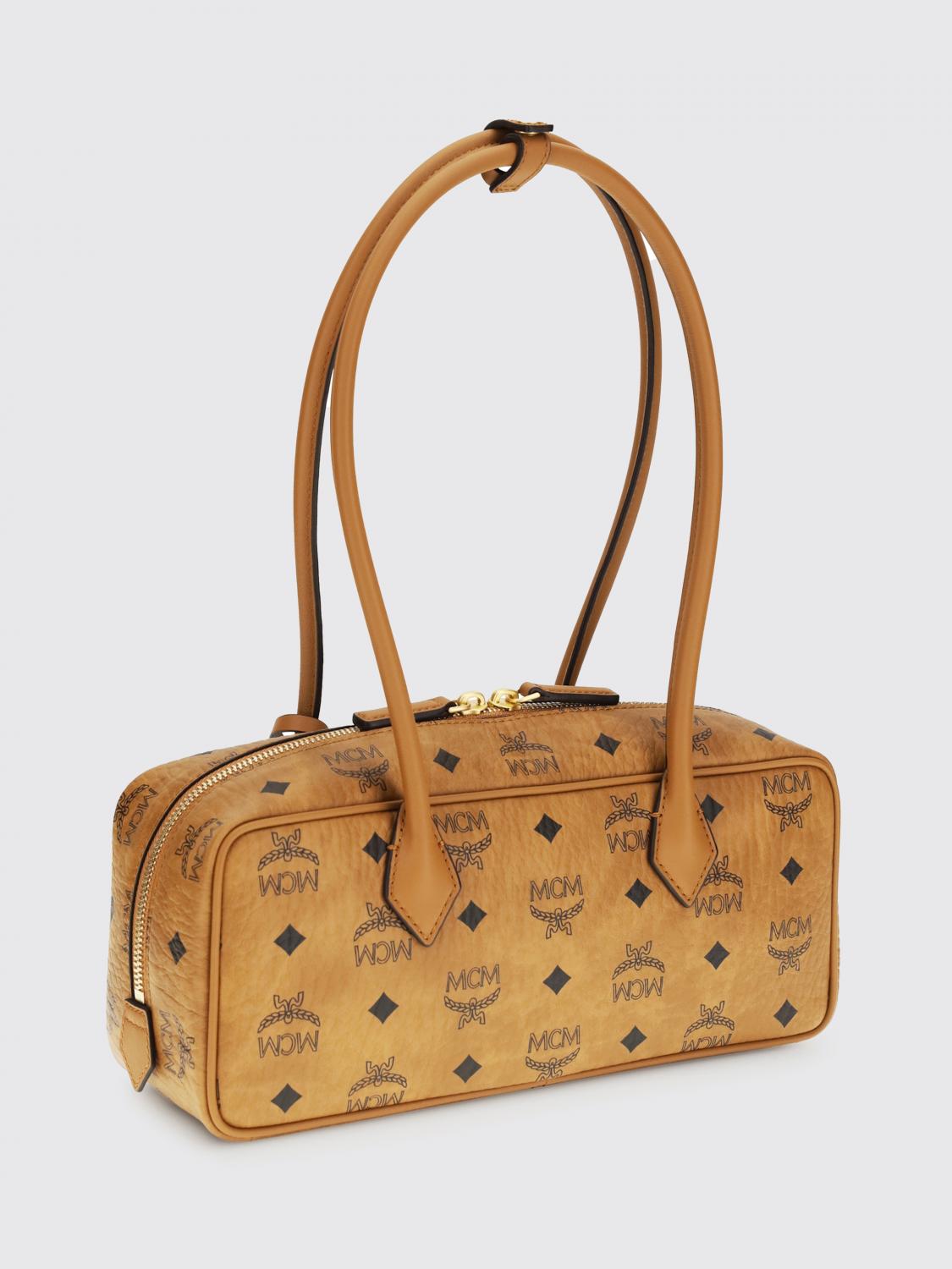 MCM BORSA A SPALLA: Borsa Aren MCM in cotone spalmato con logo stampato , Marrone - Img 2