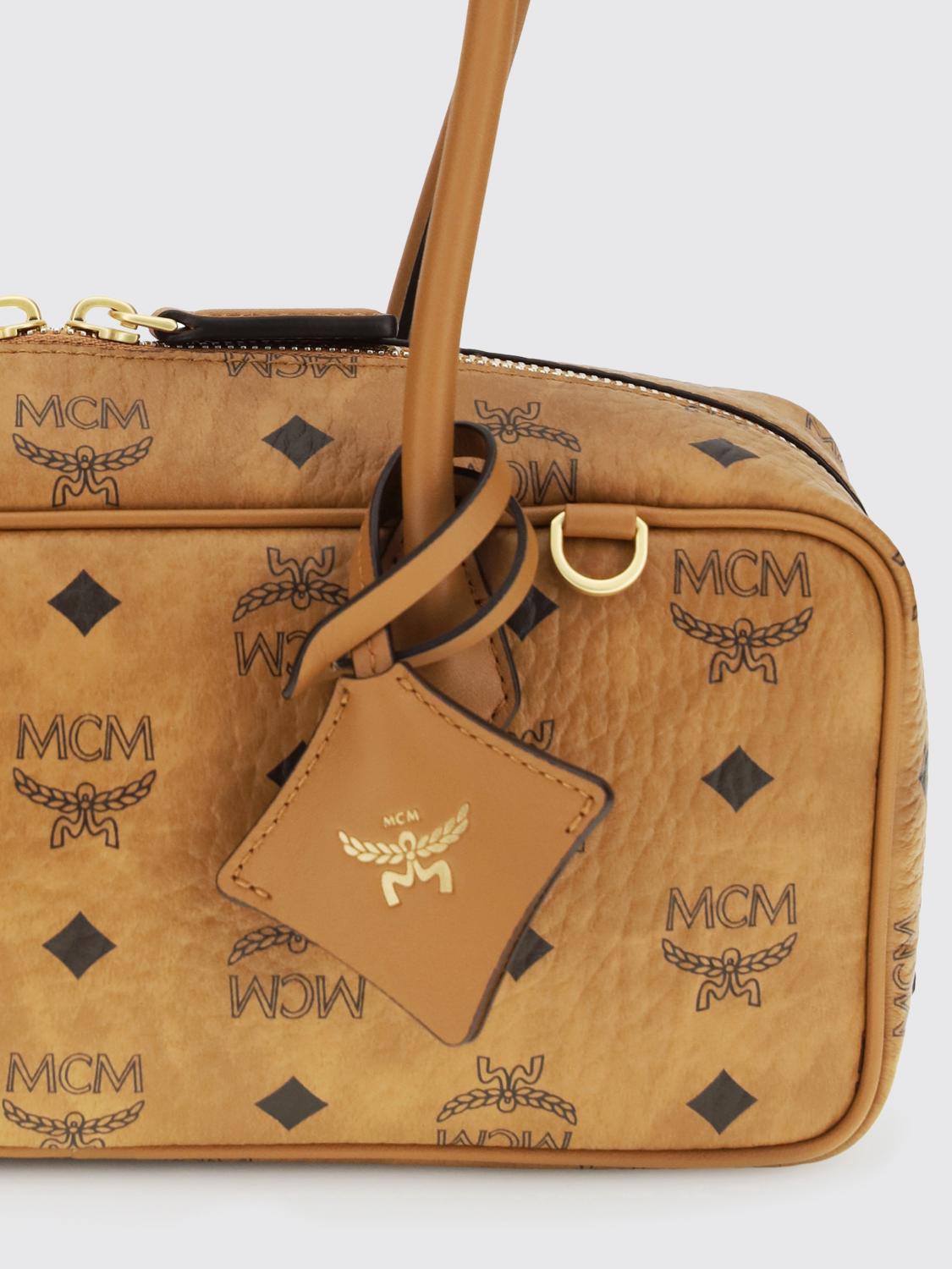 MCM BORSA A SPALLA: Borsa Aren MCM in cotone spalmato con logo stampato , Marrone - Img 3