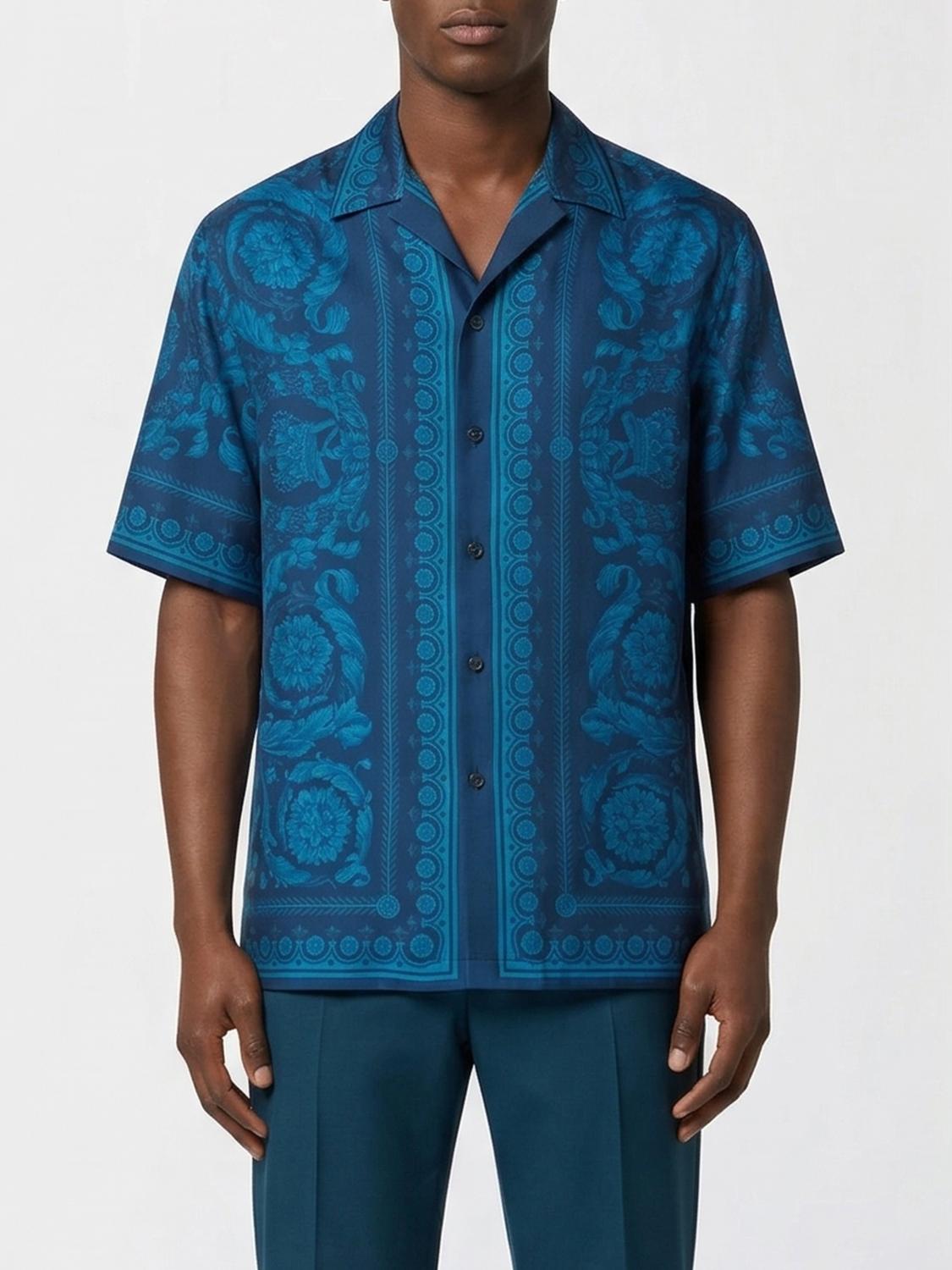 VERSACE CAMISA: Camisa casual Versace de seda con estampado barroco, Petróleo Azul - Img 1