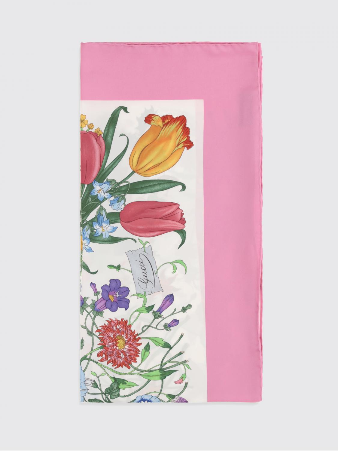 GUCCI FULAR: Pañuelo de twill de seda con estampado floral Gucci, Blanco - Img 1