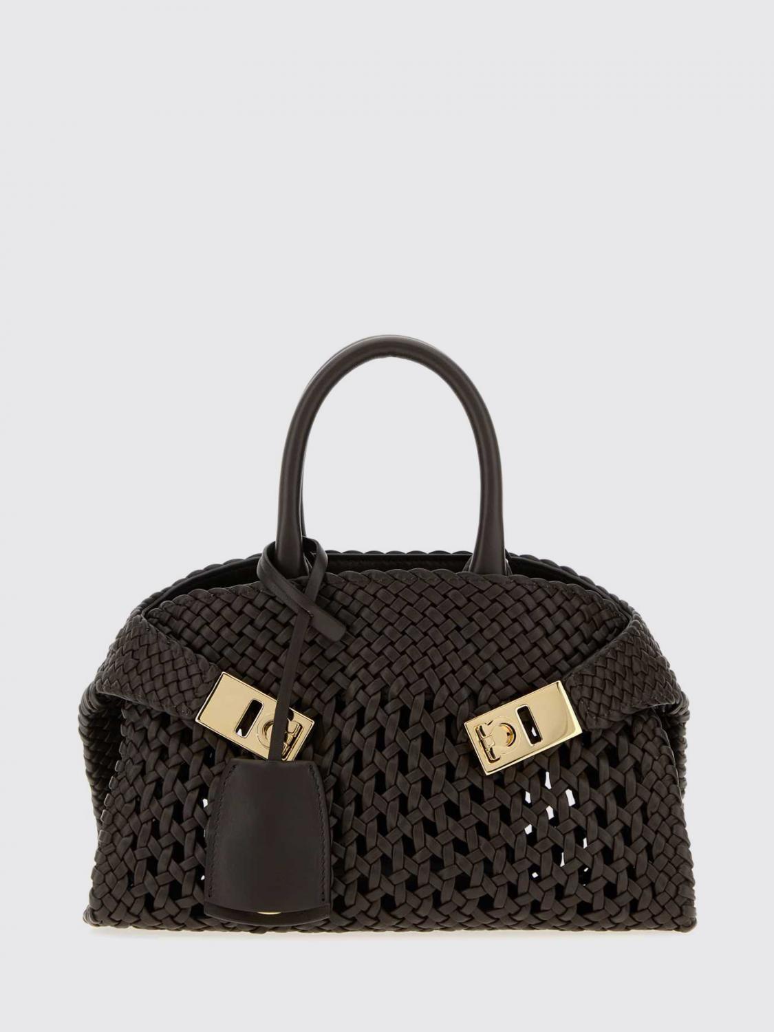 FERRAGAMO BORSA MINI: Borsa Hug Ferragamo in pelle intrecciata e traforata , Moro - Img 1