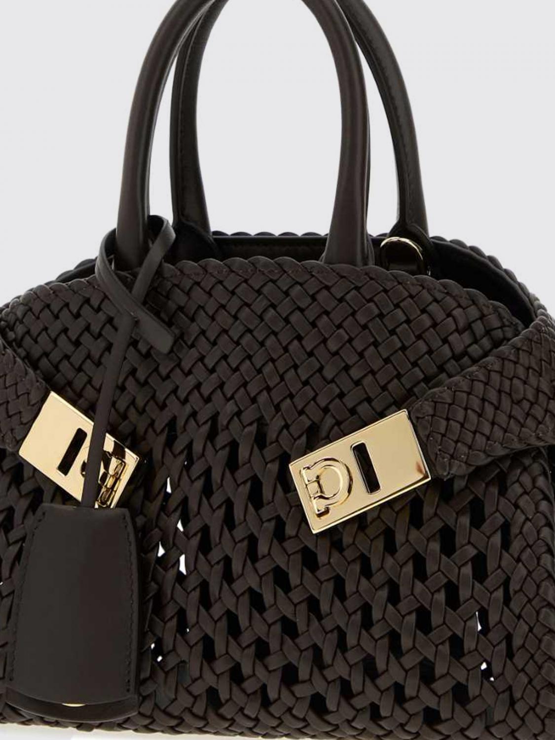 FERRAGAMO BORSA MINI: Borsa Hug Ferragamo in pelle intrecciata e traforata , Moro - Img 3