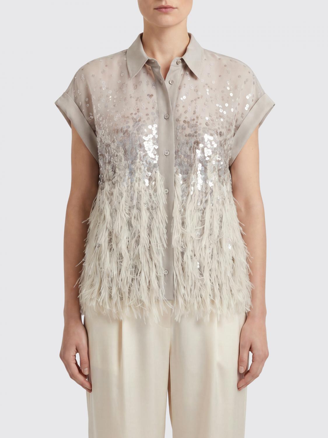 BRUNELLO CUCINELLI CAMISA: Camisa de seda con lentejuelas y plumas Brunello Cucinelli, Plata - Img 1