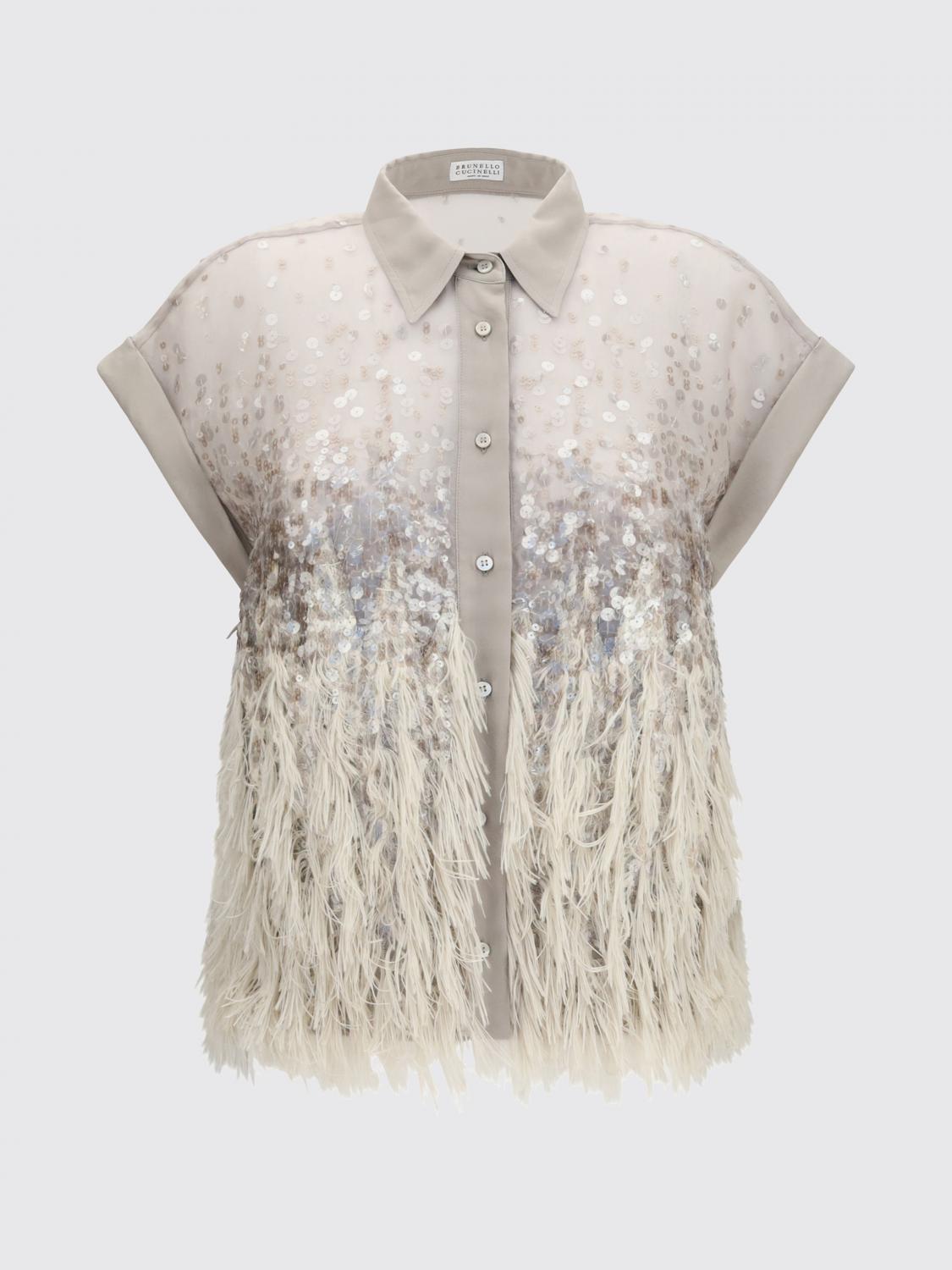 BRUNELLO CUCINELLI CAMISA: Camisa de seda con lentejuelas y plumas Brunello Cucinelli, Plata - Img 2