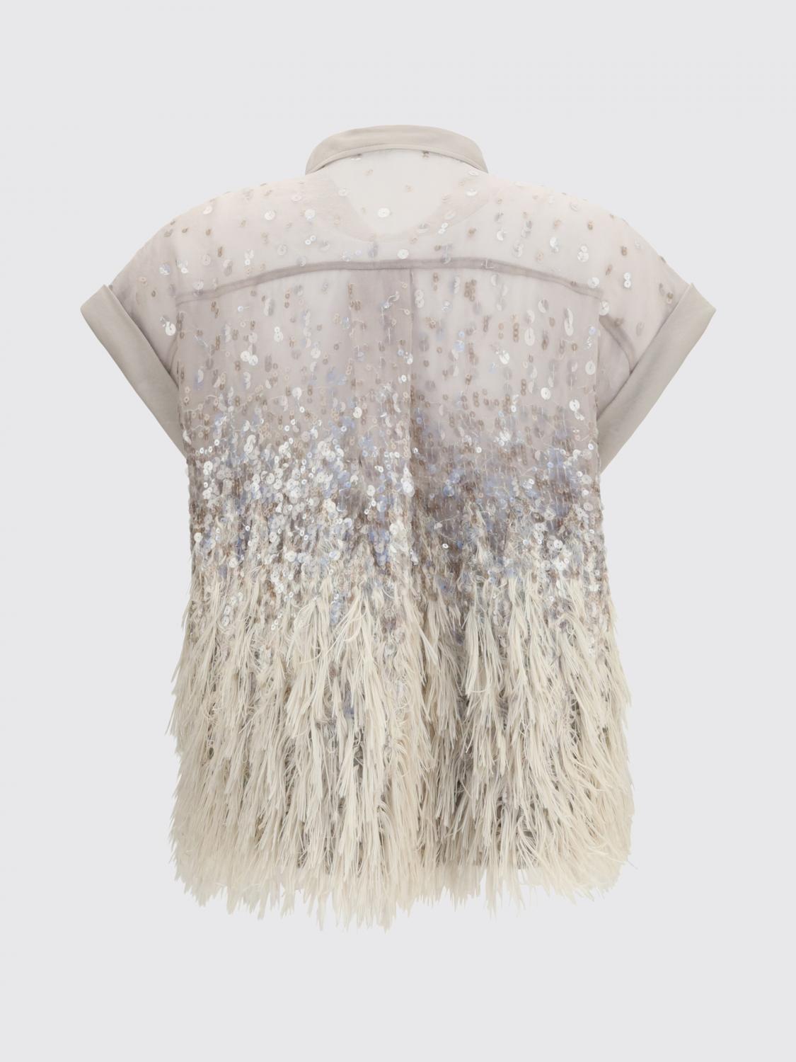 BRUNELLO CUCINELLI CAMISA: Camisa de seda con lentejuelas y plumas Brunello Cucinelli, Plata - Img 3