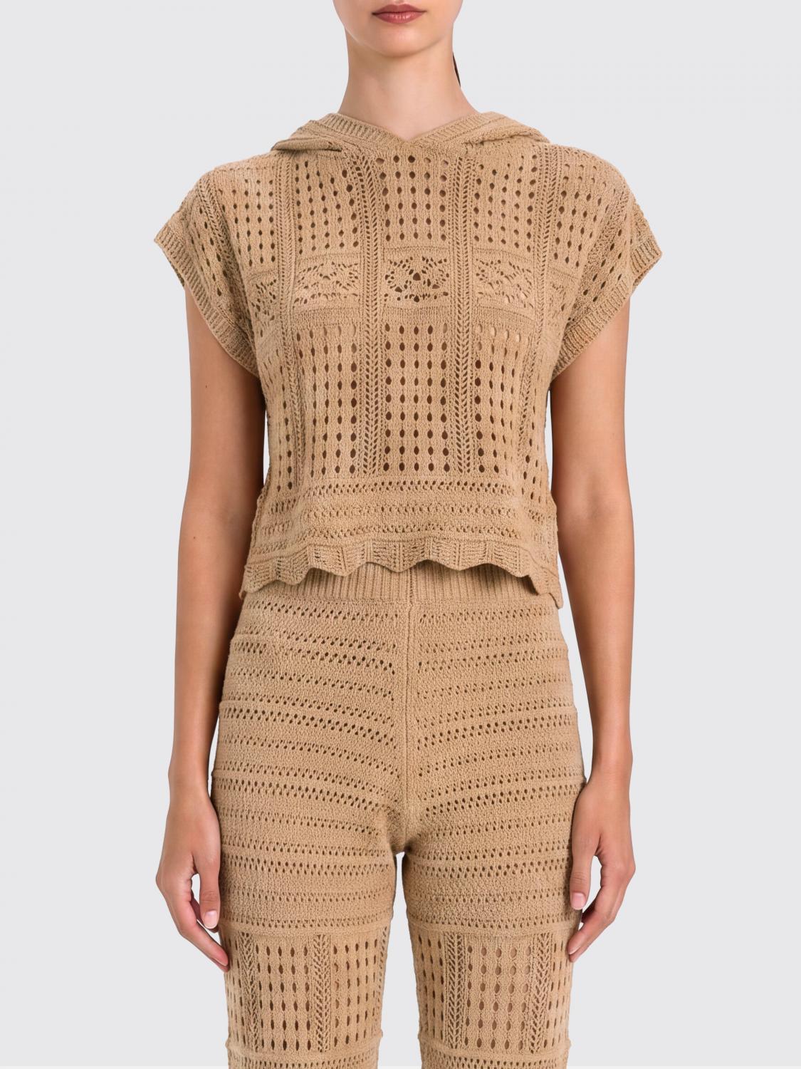 TWINSET TOP: Top Twinset slim fit in maglia di cotone traforato con cappuccio e maniche corte, Marrone - Img 1