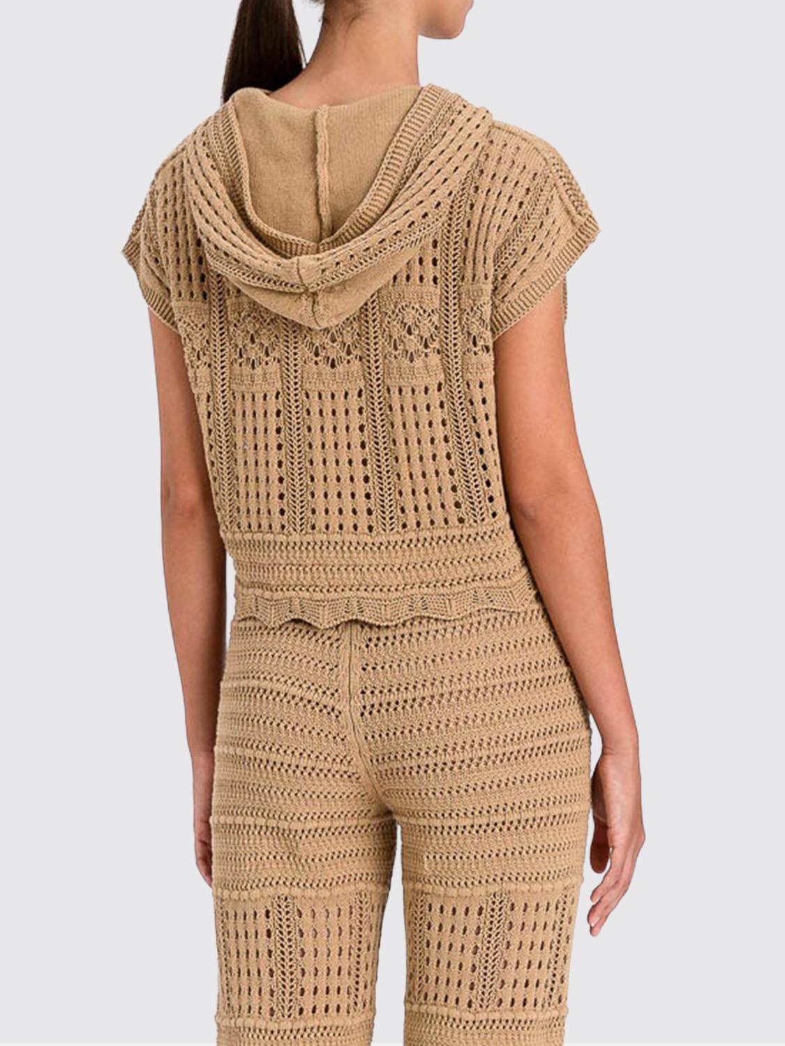 TWINSET TOP: Top Twinset slim fit in maglia di cotone traforato con cappuccio e maniche corte, Marrone - Img 2
