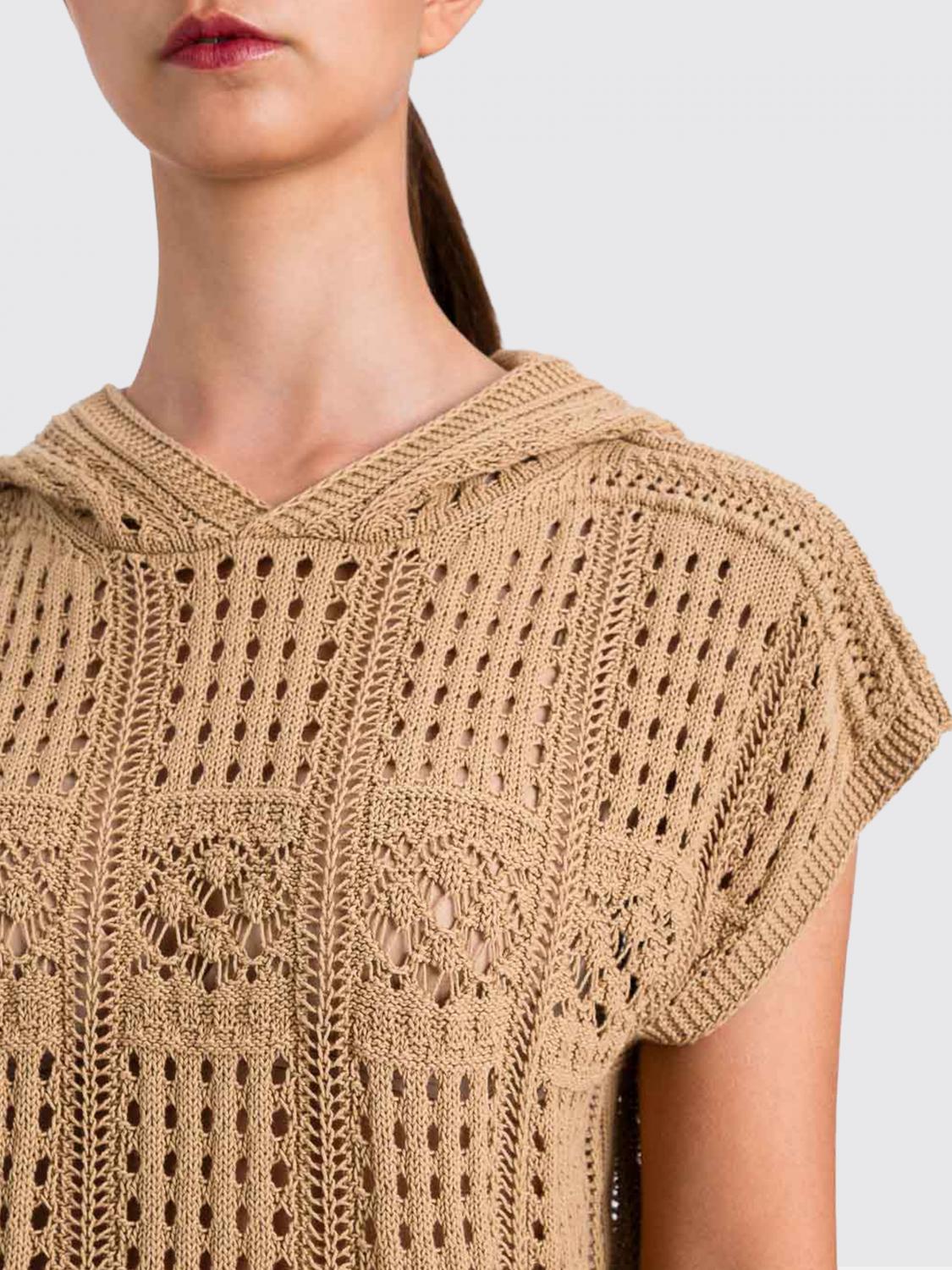 TWINSET TOP: Top Twinset slim fit in maglia di cotone traforato con cappuccio e maniche corte, Marrone - Img 3