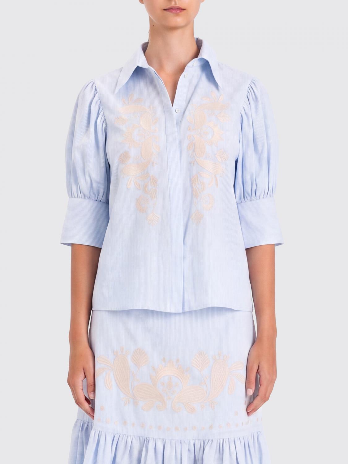 ACTITUDE TWINSET CAMISA: Camisa de rayas de algodón Actitude Twinset con bordado y manga corta, Celeste - Img 1