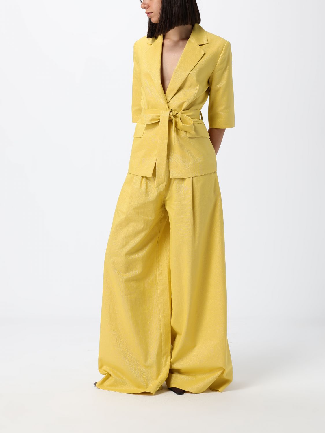 ACTITUDE TWINSET GIACCA: Blazer a vestaglia Actitude Twinset in misto lino e cotone con cintura in vita, Giallo - Img 2