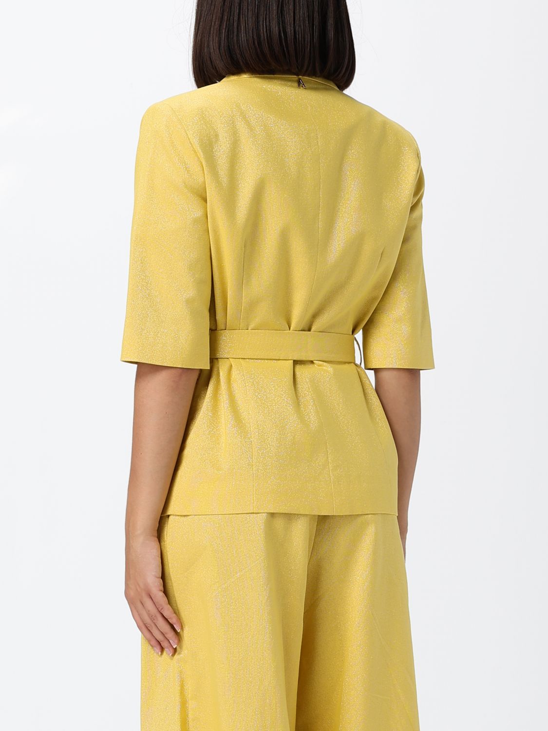 ACTITUDE TWINSET GIACCA: Blazer a vestaglia Actitude Twinset in misto lino e cotone con cintura in vita, Giallo - Img 3