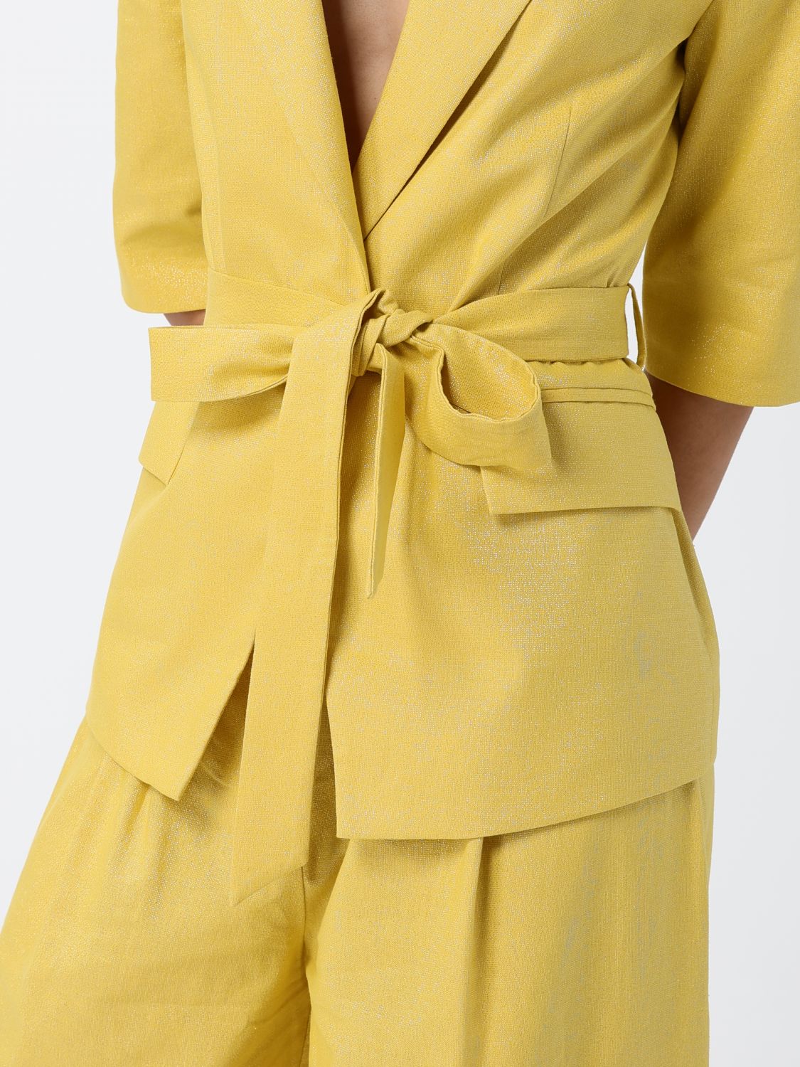 ACTITUDE TWINSET GIACCA: Blazer a vestaglia Actitude Twinset in misto lino e cotone con cintura in vita, Giallo - Img 4