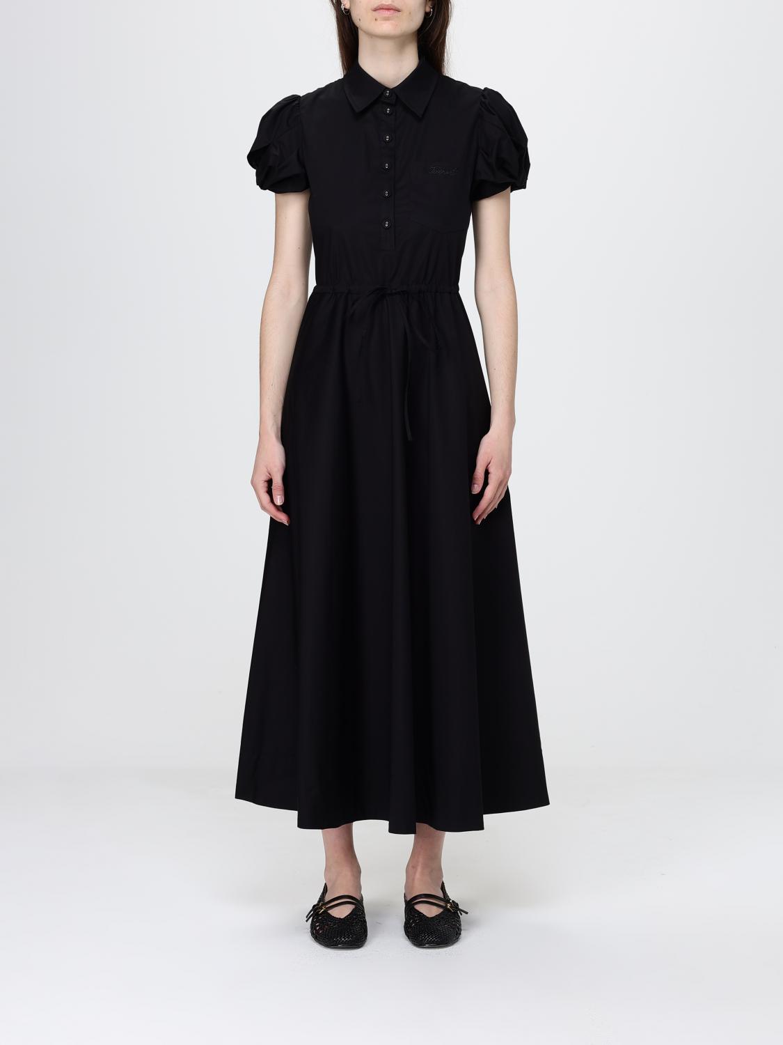 TWINSET VESTIDO: Vestido camisero midi Twinset de algodón elástico con manga corta y cinturón, Negro - Img 1