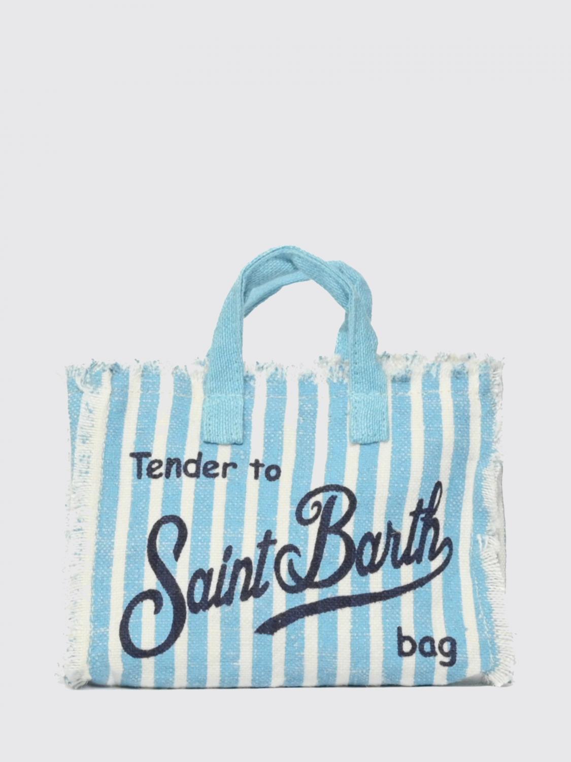 MC2 SAINT BARTH BORSA MINI: Borsa MC2 Saint Barth in lino a righe con logo stampato , Azzurro - Img 1