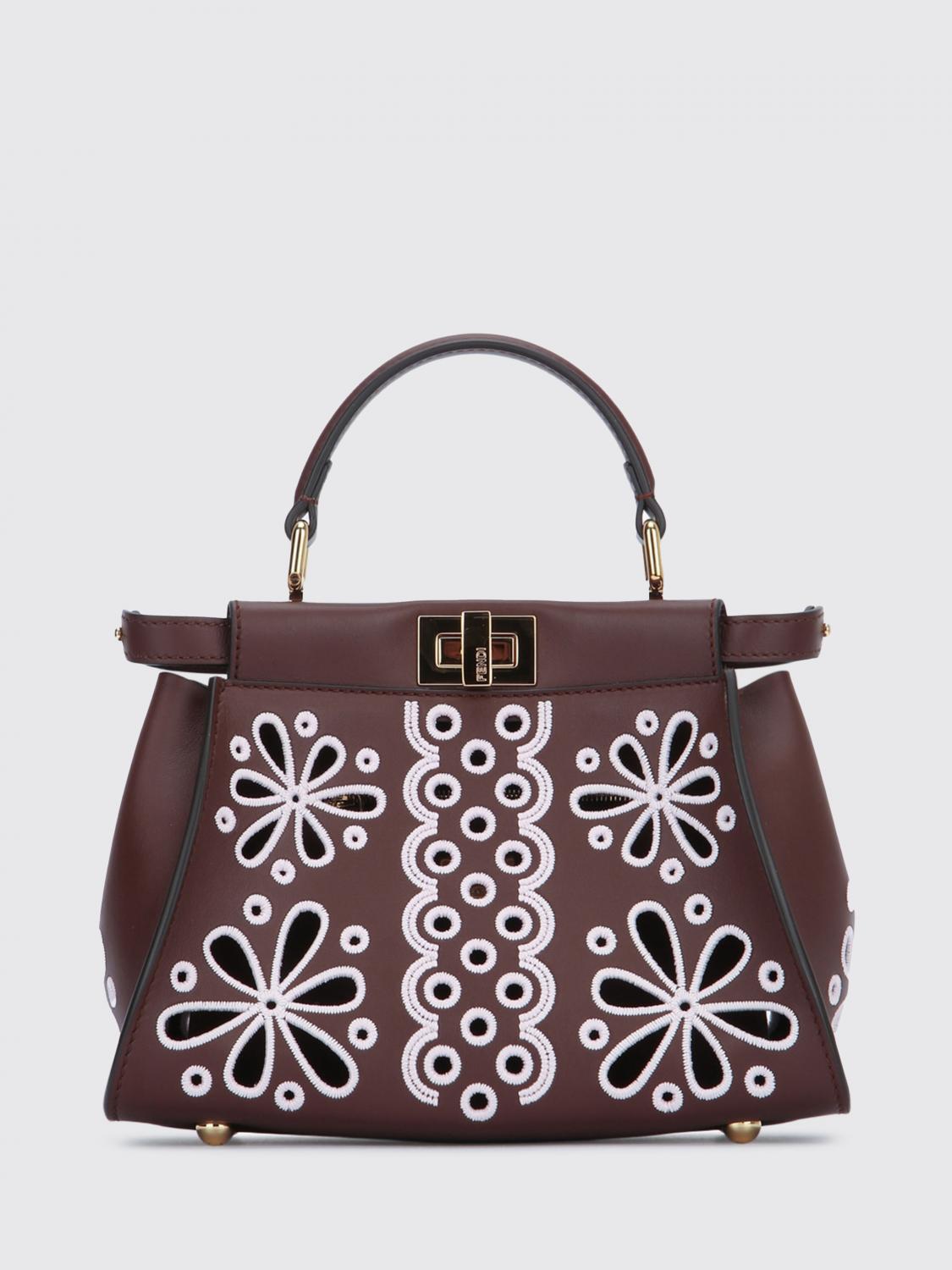 FENDI BORSA A MANO: Borsa a mano Mini tote floreale Peekaboo Fendi, Marrone - Img 1