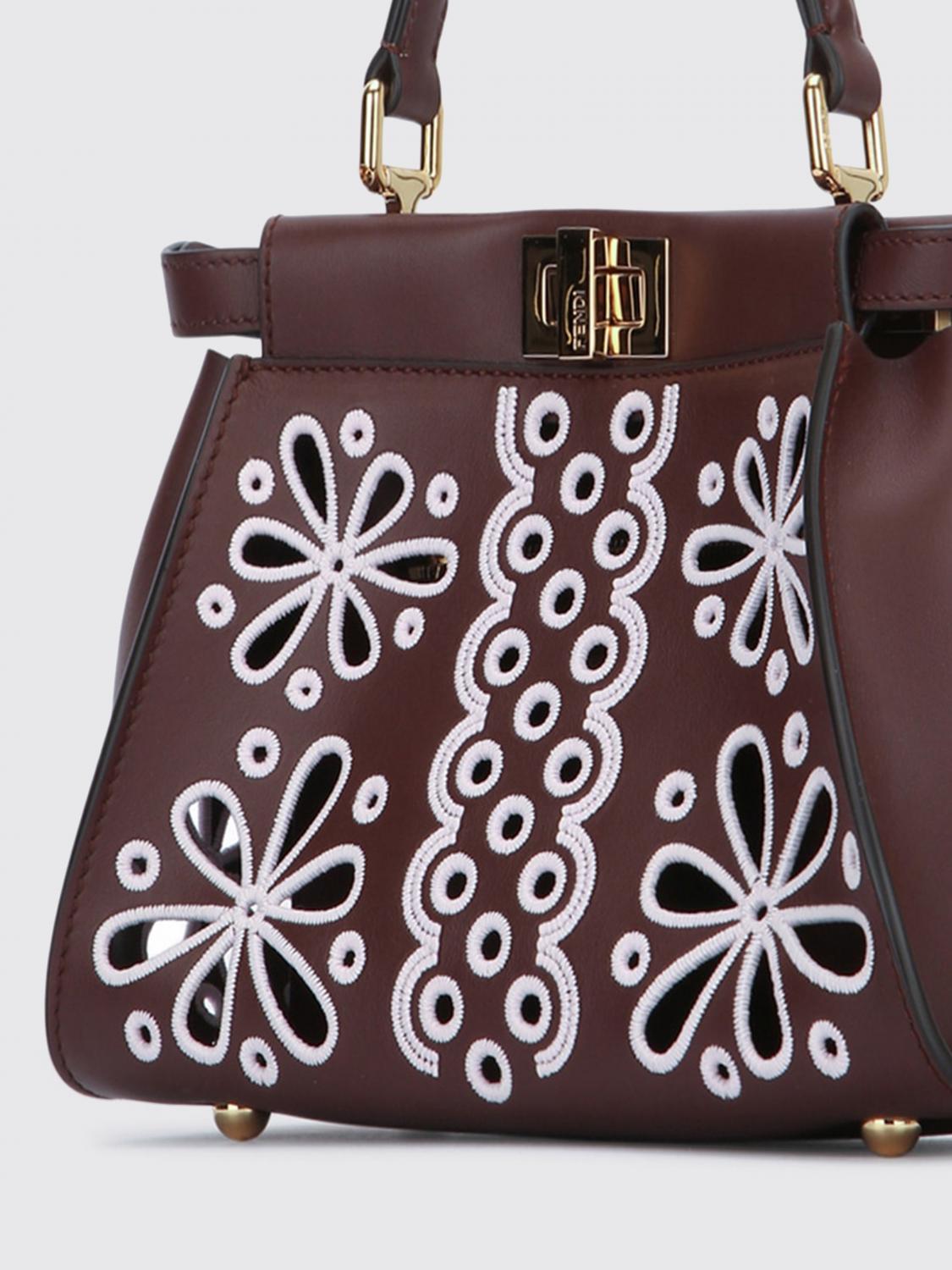 FENDI BORSA A MANO: Borsa a mano Mini tote floreale Peekaboo Fendi, Marrone - Img 3