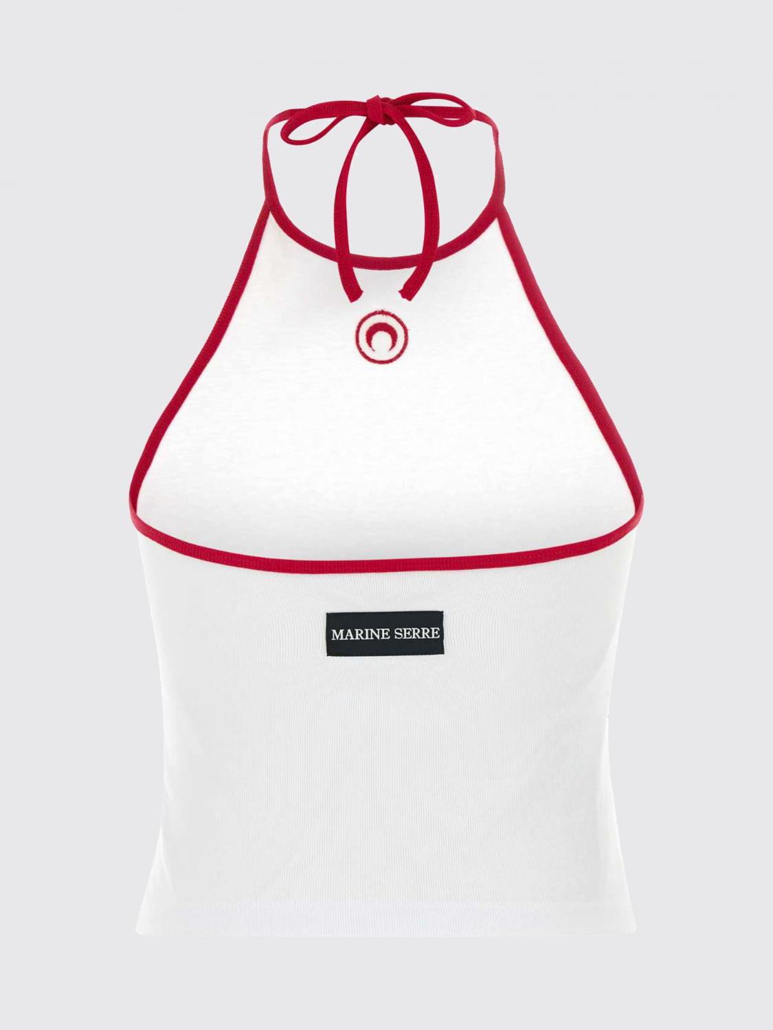 MARINE SERRE TOP: Top court slim fit Marine Serre en coton à épaules dénudées et logo Crescent Moon, Blanc - Img 3