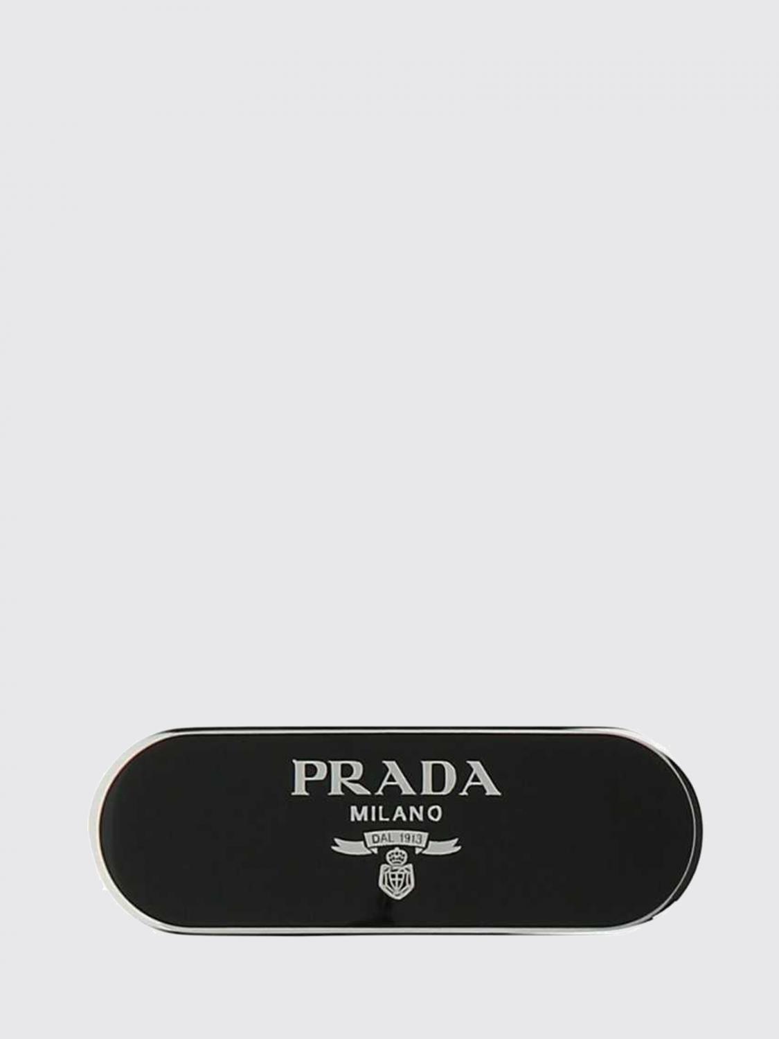 PRADA FERMACAPELLI: Fermaglio Prada in metallo con logo , Nero - Img 1