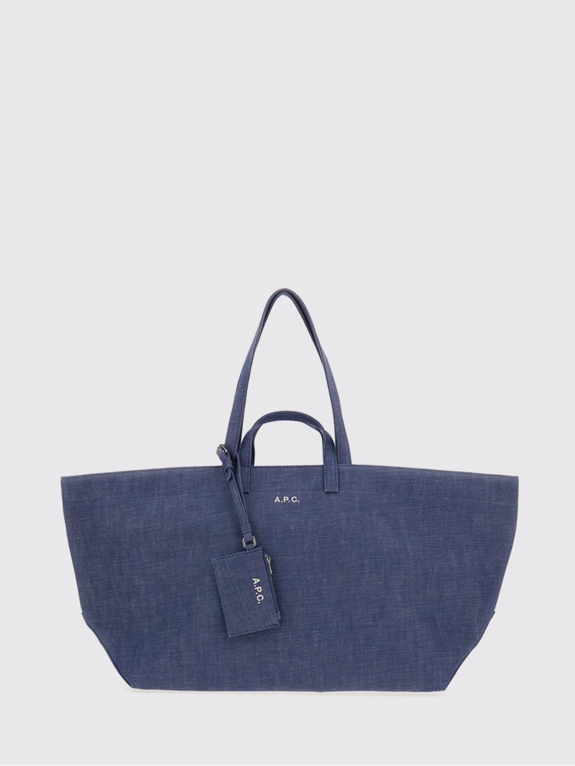 A.P.C. BORSA TOTE: Borsa tote grande Le Drummer A.P.C. in cotone con logo laminato, Blue - Img 1