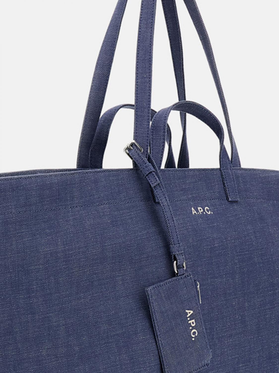A.P.C. BORSA TOTE: Borsa tote grande Le Drummer A.P.C. in cotone con logo laminato, Blue - Img 3