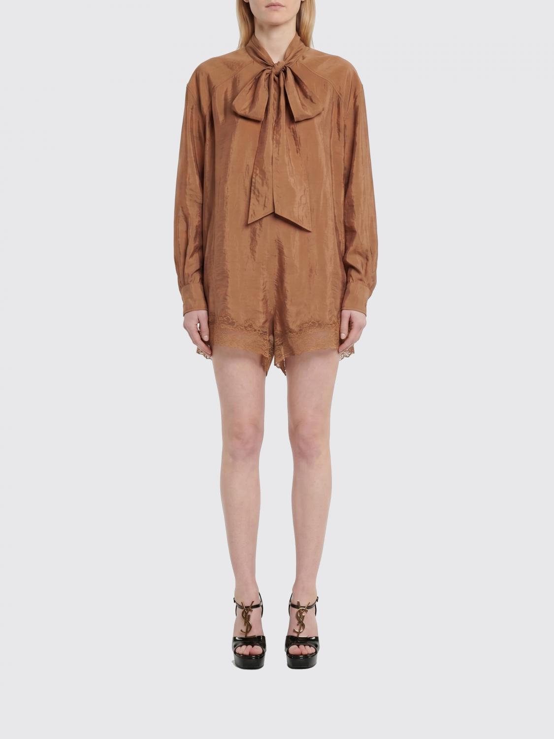 SAINT LAURENT TUTA: Tuta in viscosa e pizzo Saint Laurent, Marrone - Img 1