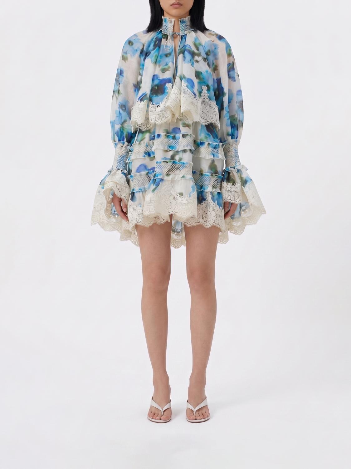 ZIMMERMANN ABITO: Abito mini Zimmermann in lino e seta con inserti in pizzo , Azzurro - Img 1
