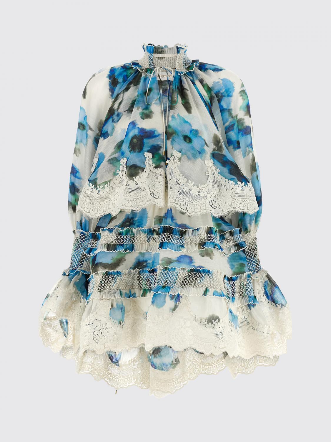 ZIMMERMANN ABITO: Abito mini Zimmermann in lino e seta con inserti in pizzo , Azzurro - Img 2