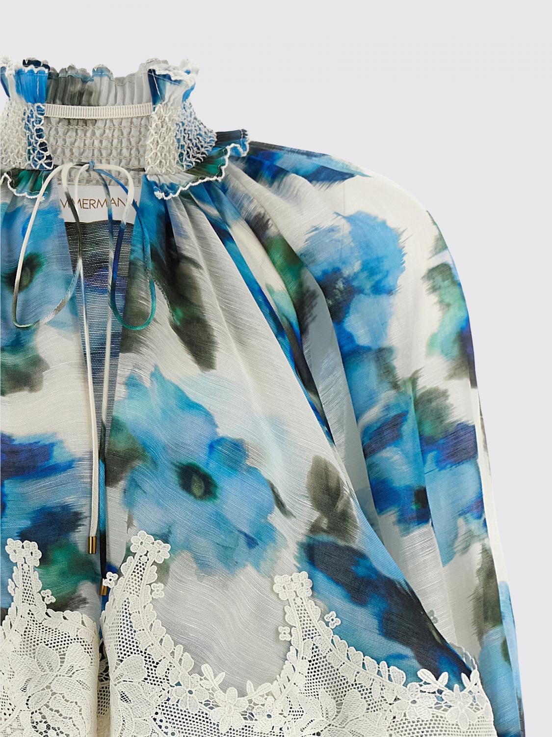 ZIMMERMANN ABITO: Abito mini Zimmermann in lino e seta con inserti in pizzo , Azzurro - Img 4