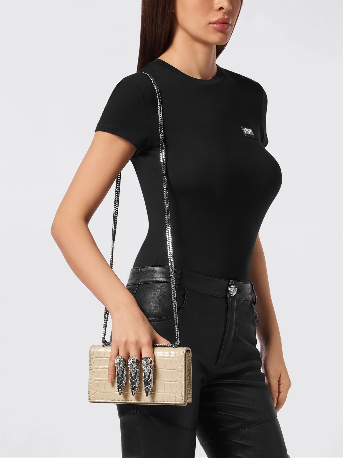 PHILIPP PLEIN CLUTCH: Clutch Philipp Plein in pelle stampa cocco con anelliera di strass , Beige - Img 2