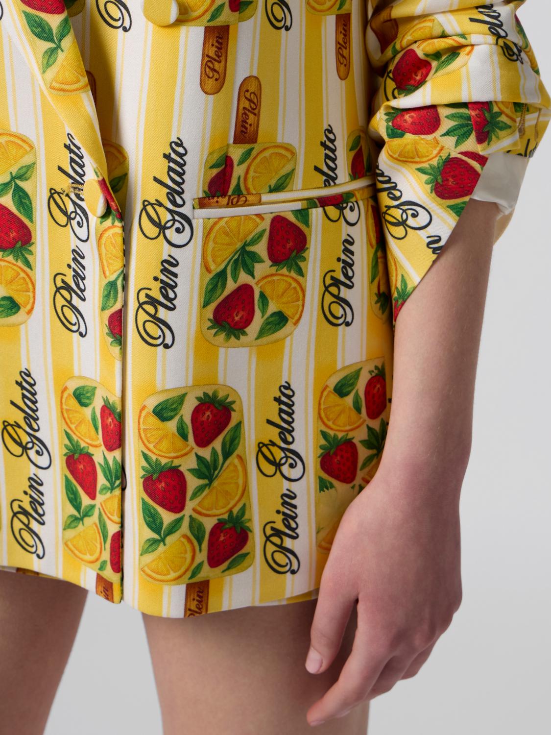 PHILIPP PLEIN GIACCA: Blazer a doppiopetto stampato in raso di viscosa Philipp Plein, Giallo - Img 4