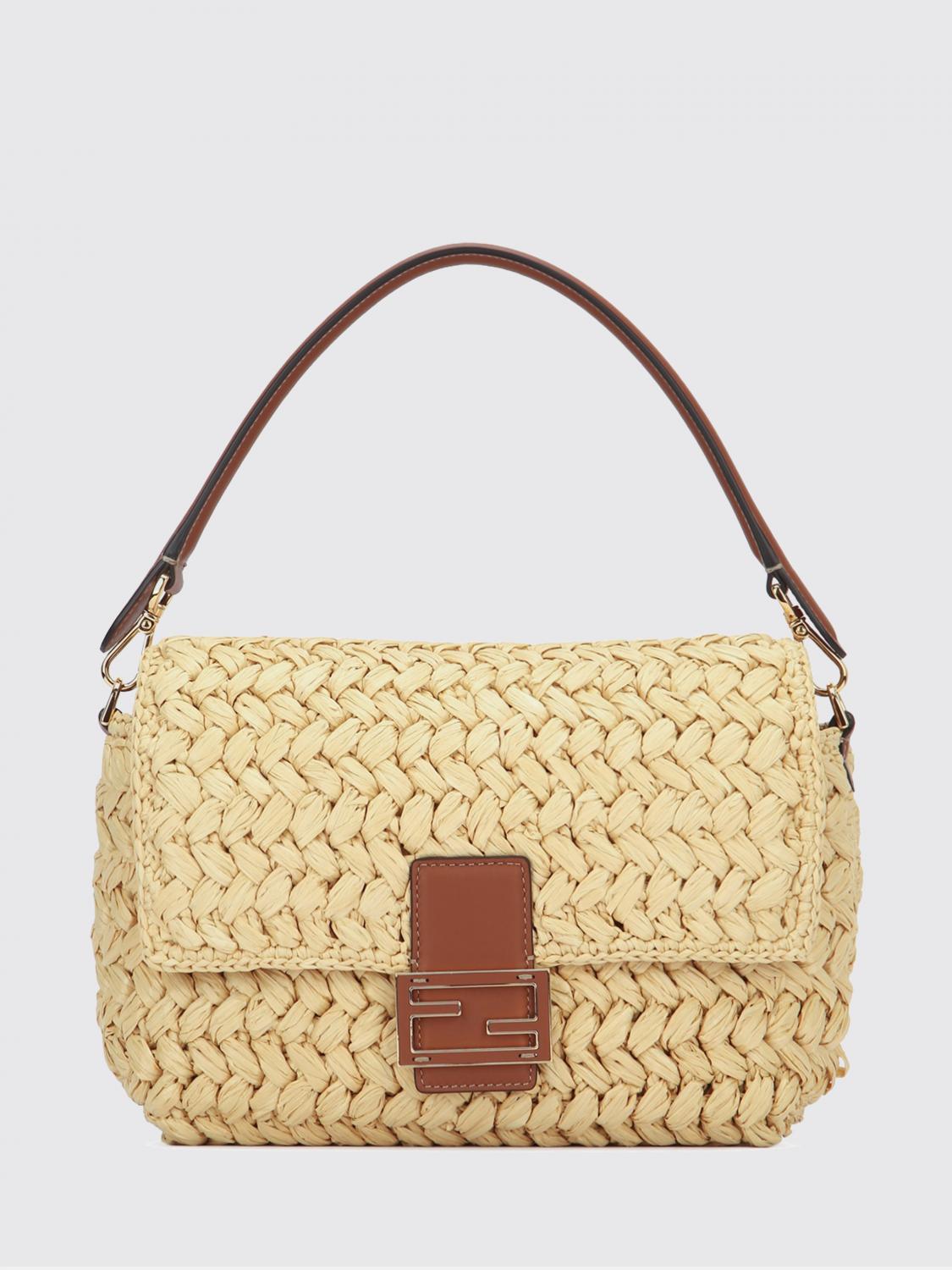 FENDI BORSA A SPALLA: Borsa Mamma Baguette Medium Fendi in rafia crochet , Naturale - Img 1