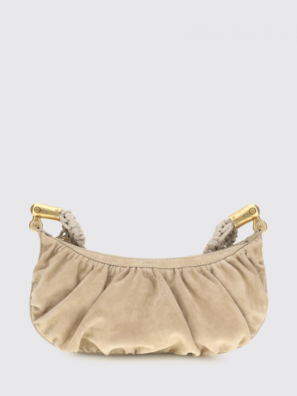 BALMAIN BORSA A SPALLA: Borsa Ébène Balmain in camoscio arricciato , Sabbia - Img 1